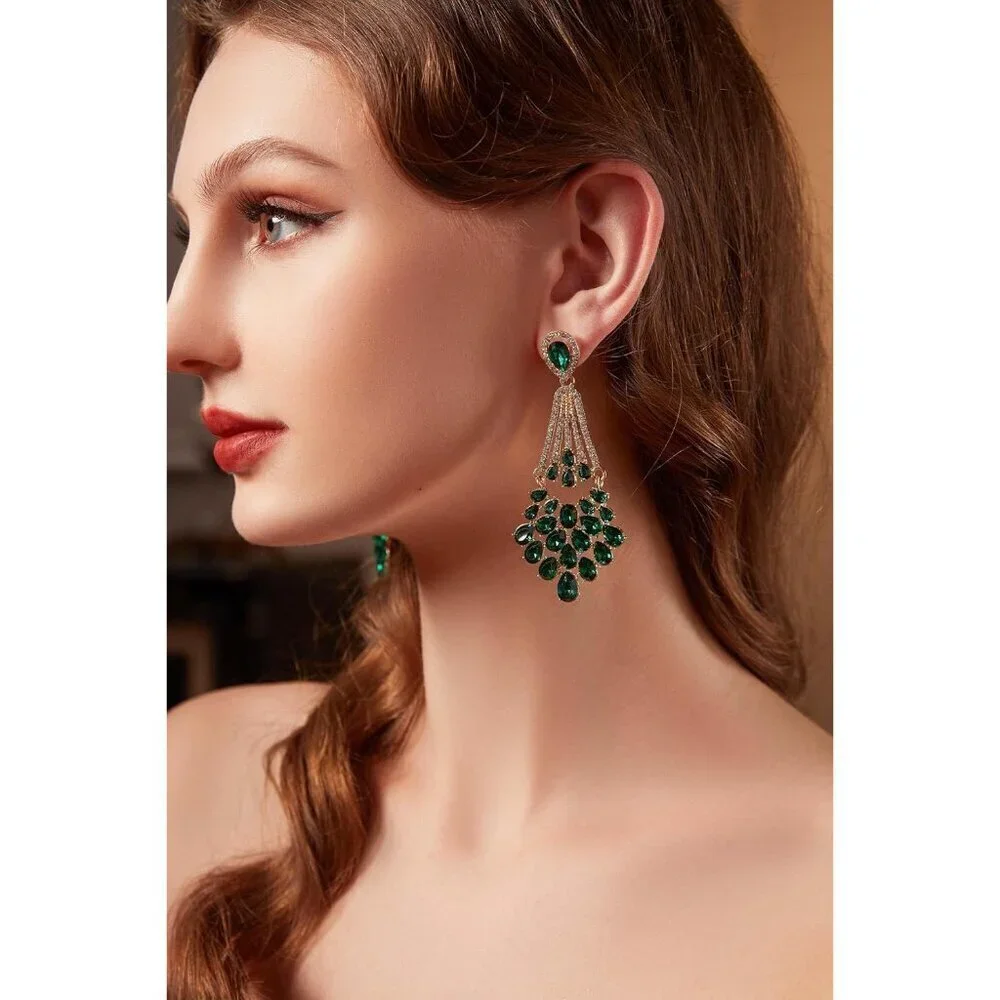 Vintage Flapper Earrings Green Rhinestone Dangle Pearl Gatsby Costume Jewelry